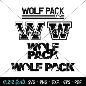 Puede incluir: Diseño gráfico en blanco y negro con el texto "Wolf Pack" en varios estilos. El diseño incluye una huella de pata de lobo y las letras "W" y "V" en estilo universitario.