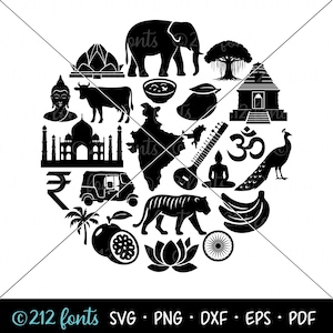 Silhouette graphique, Culture indienne et nourriture indienne, clipart Inde, Temple du Bouddha Taj Mahal Bharat Inde, Art de l'Inde Culture cercle