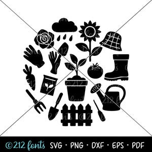 Círculo de jardinería SVG, arte PNG, iconos de suministros de jardinería SVG, gráficos digitales, gráficos de jardín, archivo de corte de pala, paleta, flores de tomate y zanahoria