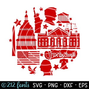 May include: Red silhouette design featuring American landmarks, including the Capitol Building, the White House, the Statue of Liberty, and the Liberty Bell. The design also includes a red, white, and blue American flag, stars, and the text "We the People".