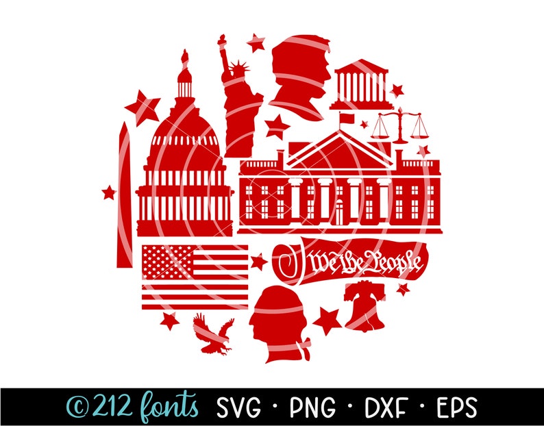 May include: Red silhouette design featuring American landmarks, including the Capitol Building, the White House, the Statue of Liberty, and the Liberty Bell. The design also includes a red, white, and blue American flag, stars, and the text "We the People".