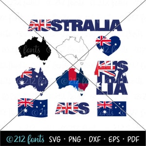 Australien Flagge und Land SVG-Pack, Australien Wortkunst, Australien Silhouette, Australien Country Outlines, AUS Flaggen und Karten Clip Art
