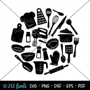 May include: Black and white silhouette of various kitchen tools and utensils arranged in a circle. The tools include a chef's hat, rolling pin, whisk, mixing bowls, spatulas, and a stand mixer.