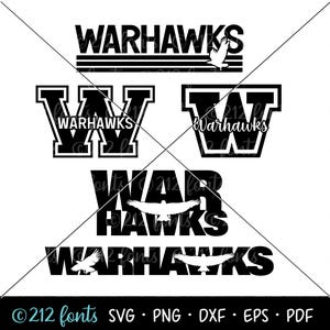 May include: Black and white graphic design featuring the word "Warhawks" in various styles. The design includes a stylized bird with wings spread.
