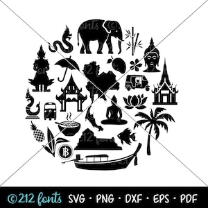 Gráfico circular de Tailandia: Iconos de la cultura tailandesa en formato SVG, PNG y PDF.