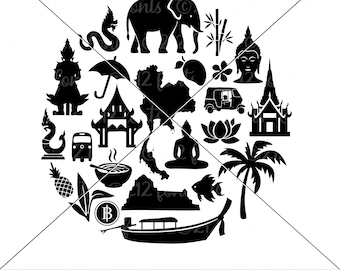 Gráfico circular de Tailandia: Iconos de la cultura tailandesa en formato SVG, PNG y PDF.