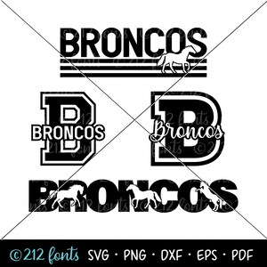 Puede incluir: Diseño gráfico en blanco y negro con la palabra "Broncos" y una silueta de caballo. El diseño también incluye una "B" grande con la palabra "Broncos" dentro.