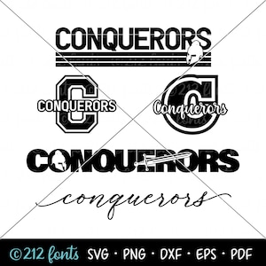 Paquete de gráficos SVG de la mascota de los conquistadores, escuela de los conquistadores PNG, arte de la mascota de la escuela, camiseta del equipo deportivo, archivo de corte de conquistador, arte de palabras de la universidad