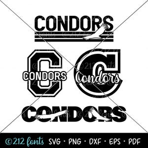 Może przedstawiać: Czarno-biały projekt graficzny z napisem "CONDORS" w pogrubionym kroju czcionki, stylizowaną literą "C" i latającym ptakiem. Projekt idealnie nadaje się dla drużyny sportowej lub szkoły.