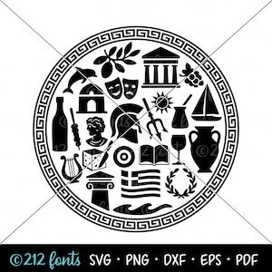 Grèce Culture SVG cercle graphique, graphiques d'icônes de l'histoire de la Grèce, clipart grec, fichier de coupe spartiate Parthénon acropole, graphiques de chemise Grèce