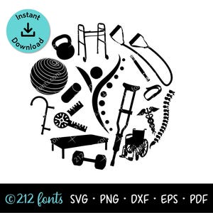 Könnte beinhalten: Eine schwarze Silhouette-Grafik mit physiotherapeutischen und medizinischen Geräten, darunter eine Kettlebell, ein Rollator, Widerstandsbänder, ein Gymnastikball, eine Krücke, ein Rollstuhl, ein Goniometer, ein Massagestab und eine menschliche Wirbelsäule.