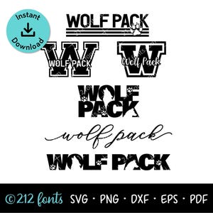 Könnte beinhalten: Eine Sammlung schwarzer Grafikdesigns mit dem Text WOLF PACK in verschiedenen Schriftarten und Stilen, einschließlich Blockbuchstaben, Schreibschrift sowie Silhouetten von Wolfsköpfen und Pfotenabdrücken als digitale Datei.