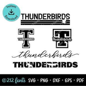 Puede incluir: Una colección de logotipos de Thunderbirds en blanco y negro en varias fuentes y estilos. Incluye la palabra "Thunderbirds" en letras de bloque, escritura y dentro de una forma de "T". También incluye el texto "Descarga instantánea" y opciones de tipo de archivo.