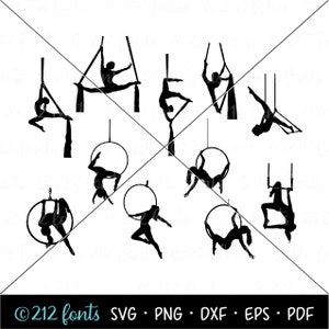 Può includere: Silhouettes di persone che eseguono acrobazie aeree su vari attrezzi, tra cui un cerchio, un trapezio e tessuti. Le figure sono in varie pose, mostrando la flessibilità e la forza necessarie per questo tipo di performance.