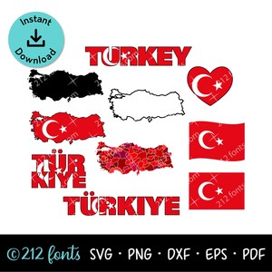 May include: A digital collection of Turkey-themed graphics including maps, flags, and text. Features include a black silhouette map, a white outline map, a red flag-patterned map, a heart with a crescent and star, and the words TURKEY and TÜRKIYE.