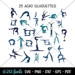 Paquete SVG de silueta de acrobacia, gimnasia, acrobacia, formato PNG, formato SVG, Acro Duo JPG, paquete de gráficos Acro Trio, archivos de corte de calcomanías DXF de Acro Solo