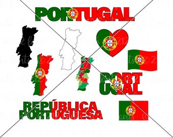 Pacchetto SVG con la mappa della bandiera del Portogallo e la silhouette del Portogallo (download digitale)
