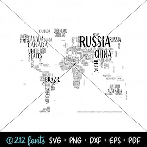 Carte du monde des pays manuscrite PNG, carte du monde SVG, art de la carte de la silhouette, art de la typographie numérique monde, carte du monde JPG, carte du monde imprimable