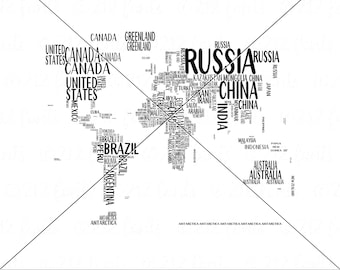 Handwritten Countries World Map PNG, World Map SVG, Silhouette Map Art, Digital World Typography Art, World Map JPG, World Map Printable