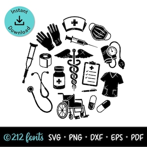 Puede incluir: Un diseño gráfico negro con iconos médicos dispuestos en círculo, incluyendo un caduceo, estetoscopio, silla de ruedas, muleta, guantes, cofia de enfermera, mascarilla, jeringa, tensiómetro, portapapeles, frasco de pastillas, bolígrafo y cápsulas.