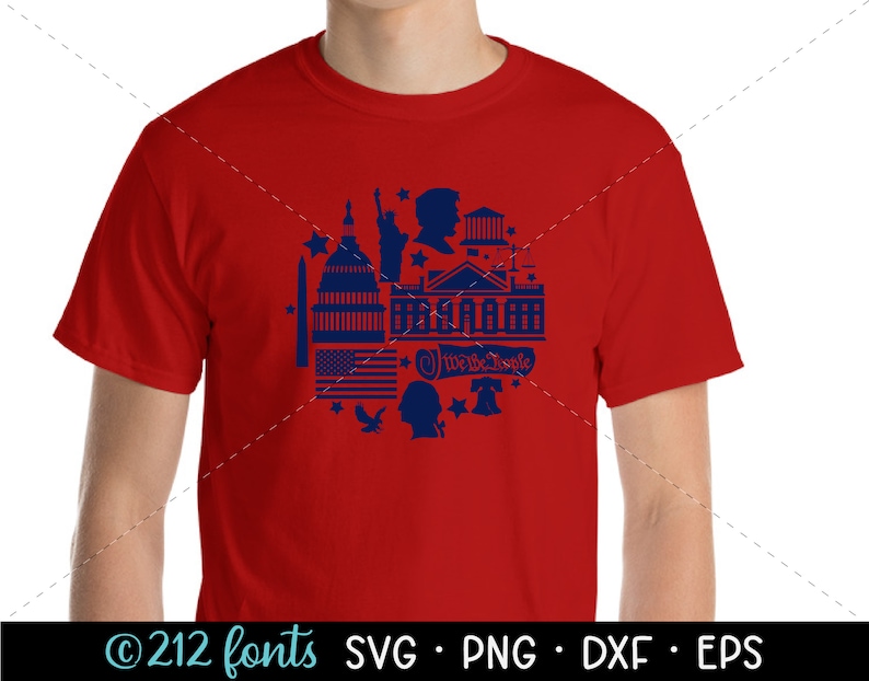 May include: Red t-shirt with a blue graphic design featuring American landmarks, including the Capitol Building, the White House, and the Statue of Liberty. The graphic also includes stars, a bald eagle, and the text "We the People".