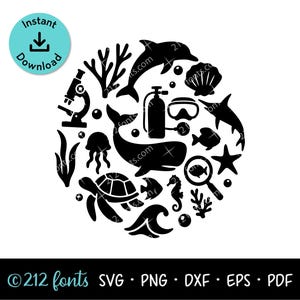 Peut inclure: Un motif graphique circulaire noir représentant la vie marine et des icônes sur le thème de l'océan, incluant une baleine, un dauphin, une tortue de mer, une méduse, un hippocampe, une étoile de mer, du corail, un équipement de plongée, un microscope et une loupe avec un poisson à l'intérieur.