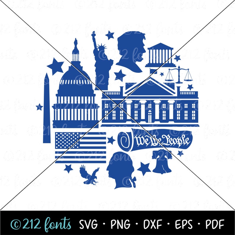 May include: Blue silhouette design of American landmarks and symbols including the Statue of Liberty, the White House, the Capitol Building, the Liberty Bell, a bald eagle, a scroll with the words "We the People", and stars.