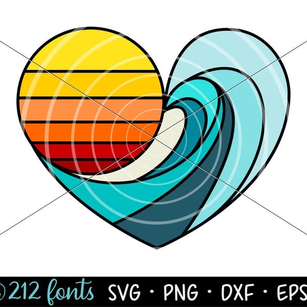 Cuore con onda oceanica SVG, grafica spiaggia al tramonto (download digitale)