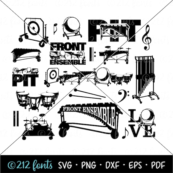 Pit Percussion Clip Art, Front Ensemble Png, Jpg Svg format, Marching Band JPG, Band Graphics Bundle, Pit Cut Files, Music DXF Decal File