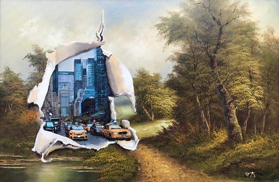 New York City Nyc Landscape Painting Altered Thrift Art Dave Image 0