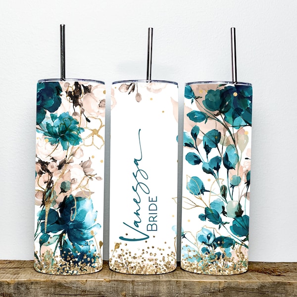 Personalized Teal Floral Watercolor Skinny Wedding Tumbler, Bridesmaid Tumbler, Bridesmaid Proposal