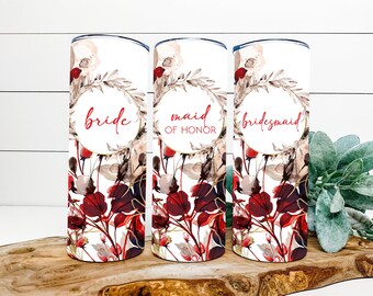 Wedding Tumbler, Burgundy Red Floral Watercolor 20oz Skinny Bridal Tumbler, Bridesmaid Tumbler, Bridesmaid Proposal