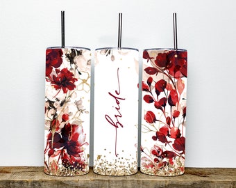 Wedding Tumbler, Burgundy Red Floral Watercolor 20oz Skinny Bridal Tumbler, Bridesmaid Tumbler, Bridesmaid Proposal