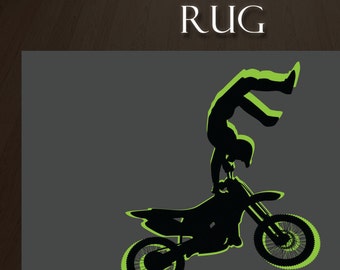 Dirt Bike Rug, Motocross Area Rug, Boys Bedroom Rug in Green and Grey, Great for Kids, Teen and Adults #54