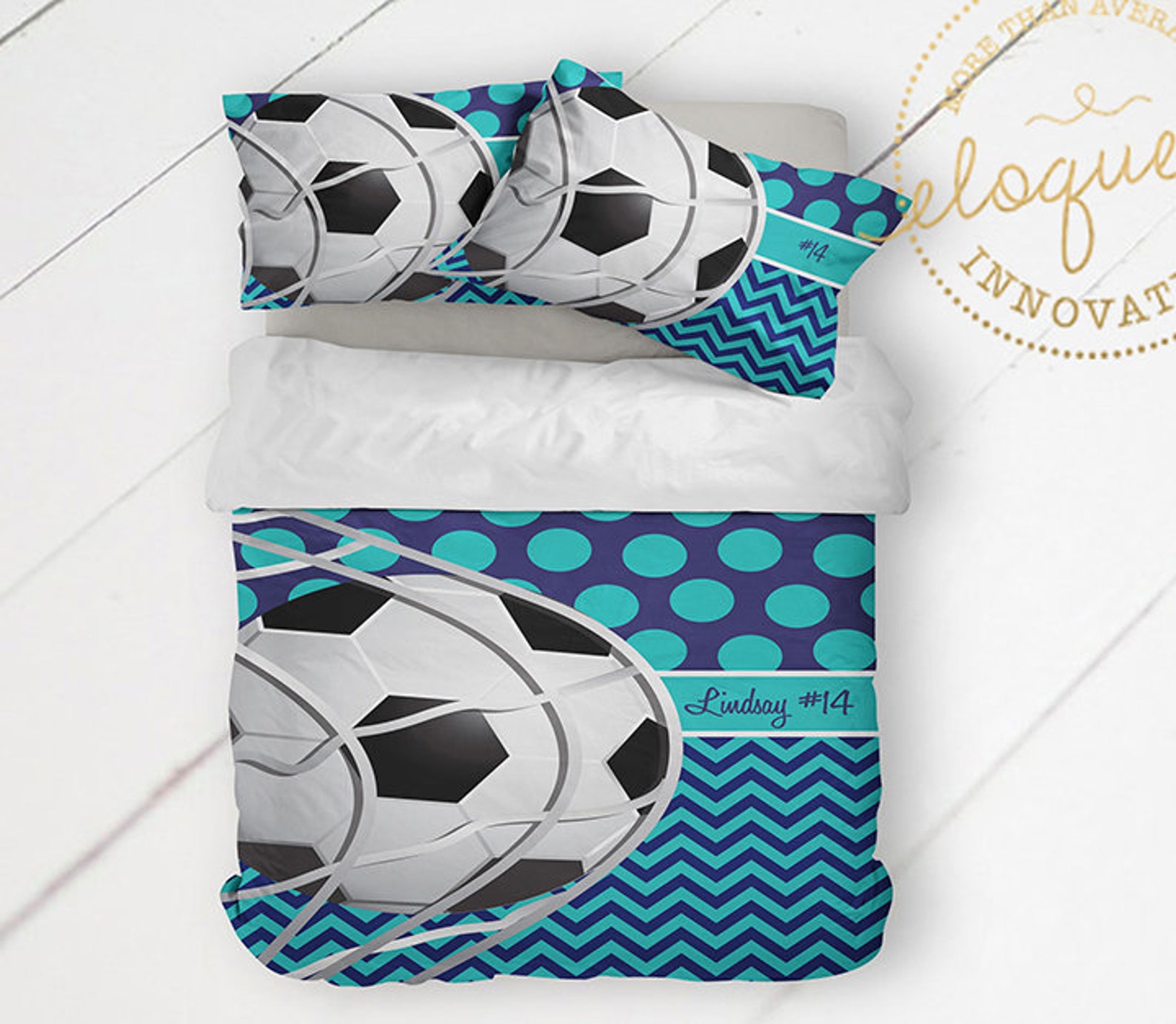 Girls Soccer Bedding Teal & Navy Comforter Soccer Bedding Etsy