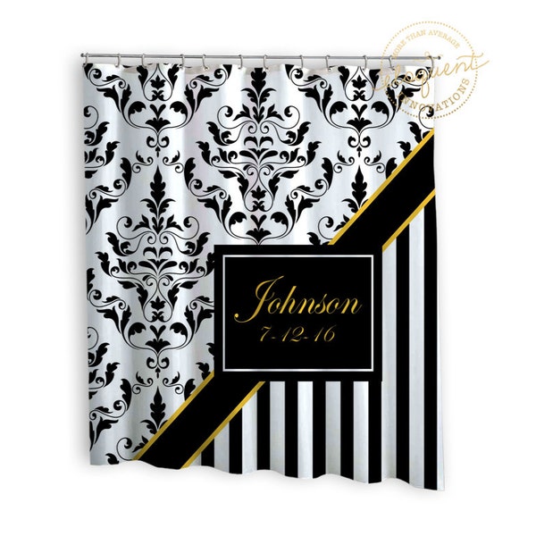 Damask Black and White Shower Curtain - Wedding Gift -  Black and White Shower Curtain - Stripes Personalized Polyester Fabric #231