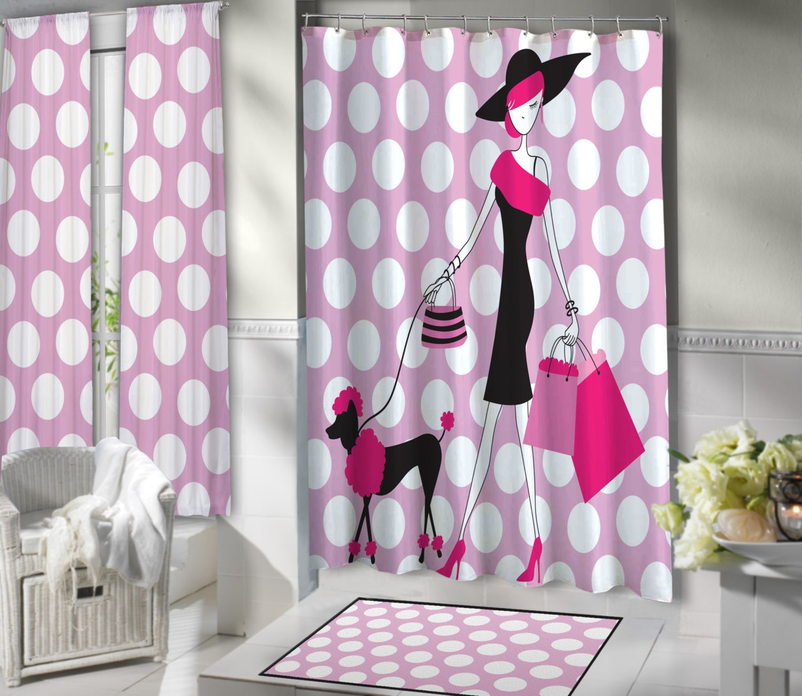 Pink Paris Shower Curtain Polka Dot Shower Curtain Paris Etsy
