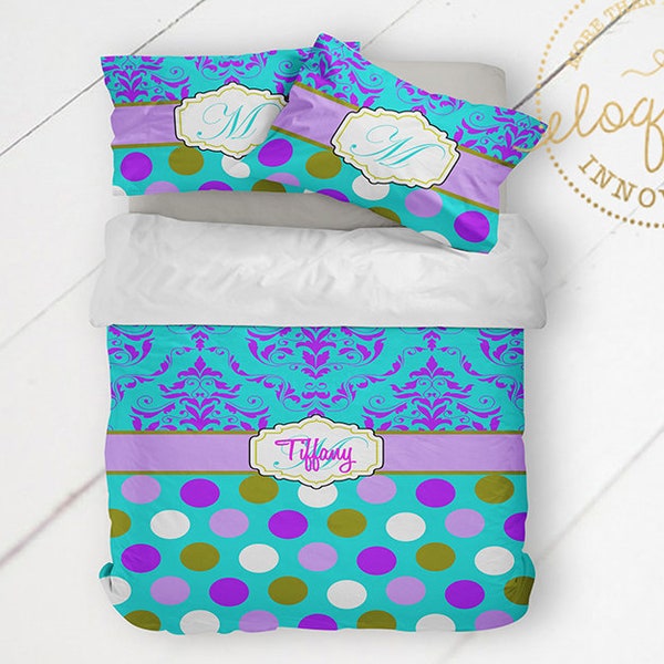 Blue Comforter, Unique bedding, Purple Kids Bedding, Luxurious, Teal Teen Bedding, Polka Dot Girls Bedding, Personalized with name #119