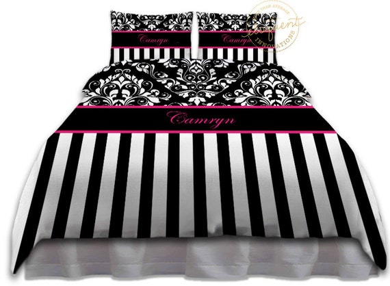 Black And White Comforter Damask Bedding Striped Pink Etsy