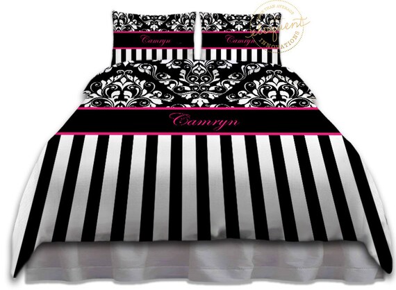 Black And White Comforter Damask Bedding Striped Pink Etsy