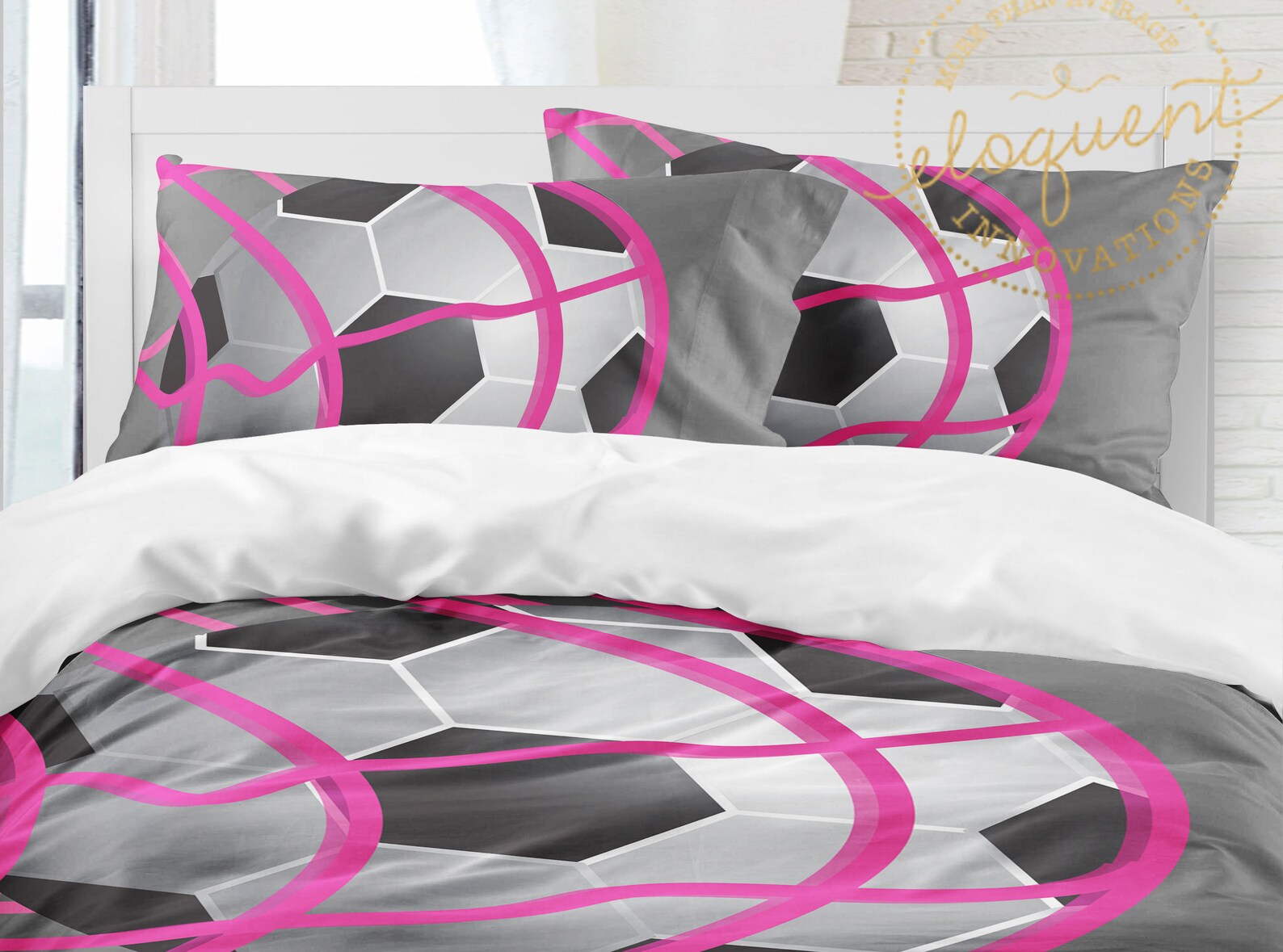 Girls Soccer Bedding Sets Comforter Grey & Pink Soccer Etsy