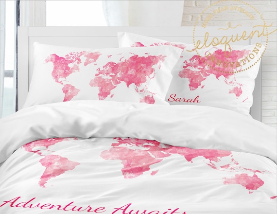 World Map Comforter Set Personalized With Name Girls Etsy