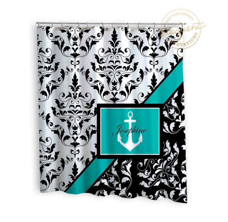 Shower Curtain Nautical Anchor Teal Black & White Damask Etsy