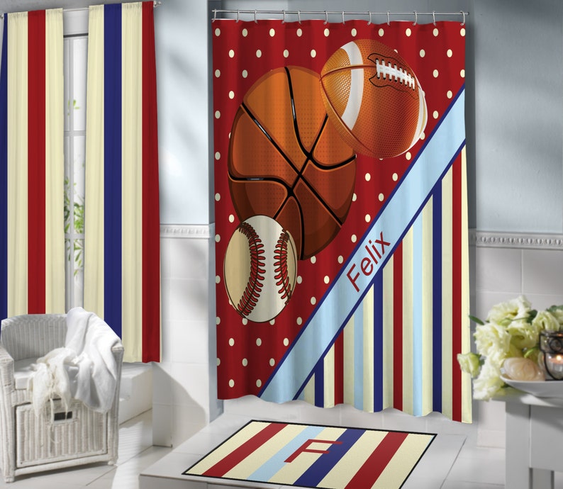 Red Sports Shower Curtains For Kids Basketball Football Etsy