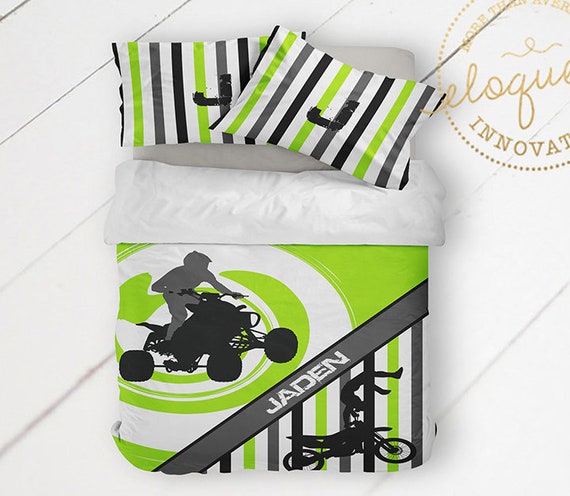 Motocross Duvet Cover Boys Bedding Green White Motocross Etsy