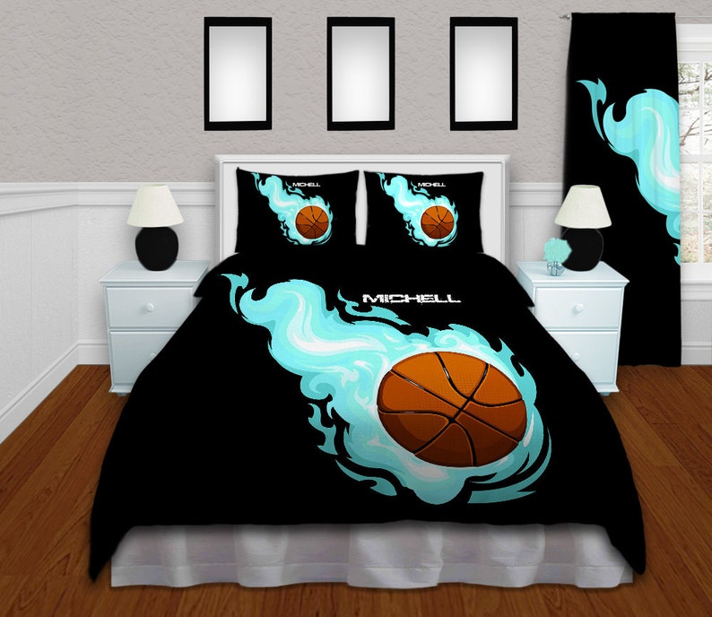 Basketball Bedding For Kids Black Tuquoise Flames Duvet Cover Personalized King Queen Full Twin Xl Size 210