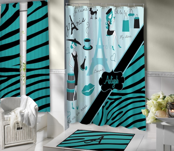 Stylish Paris Shower Curtain Aqua Blue Bathroom Theme Eiffel Etsy