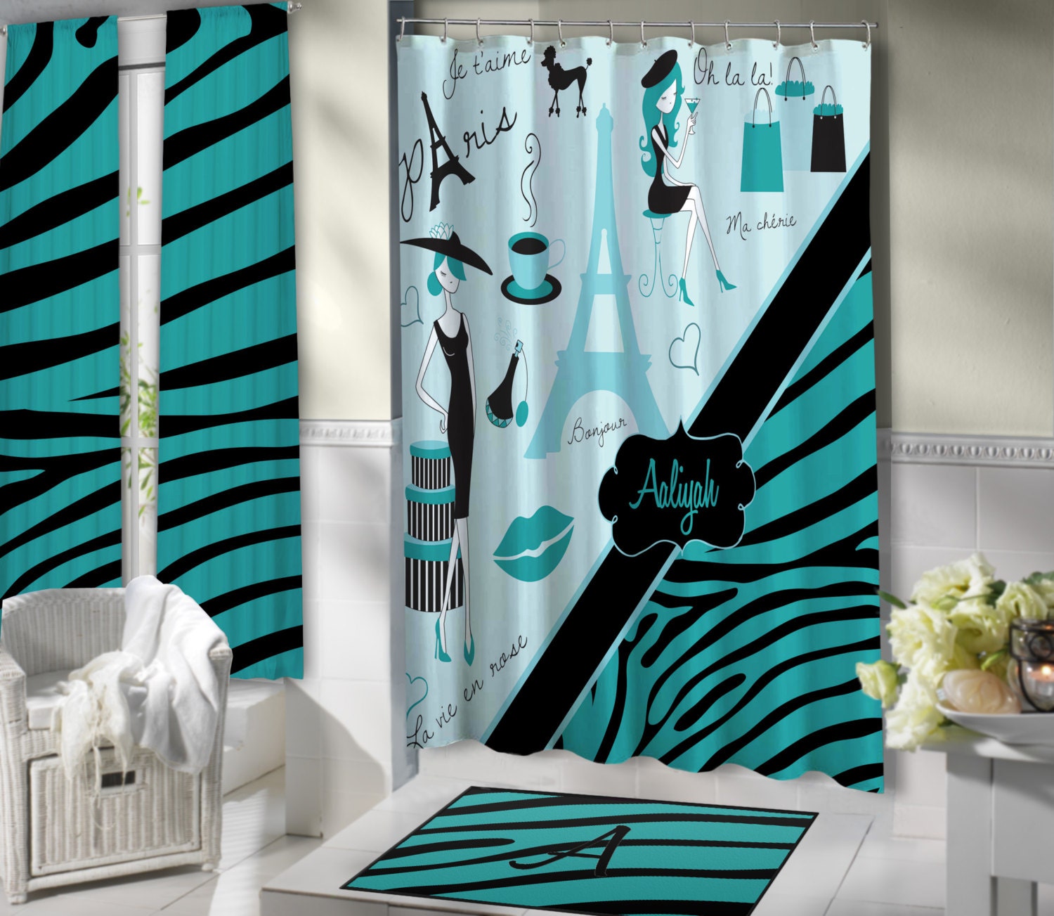 Stylish Paris Shower Curtain Aqua Blue Bathroom Theme Eiffel Etsy Stylish Paris Shower Curtain Aqua Blue Bathroom Theme Eiffel Etsy