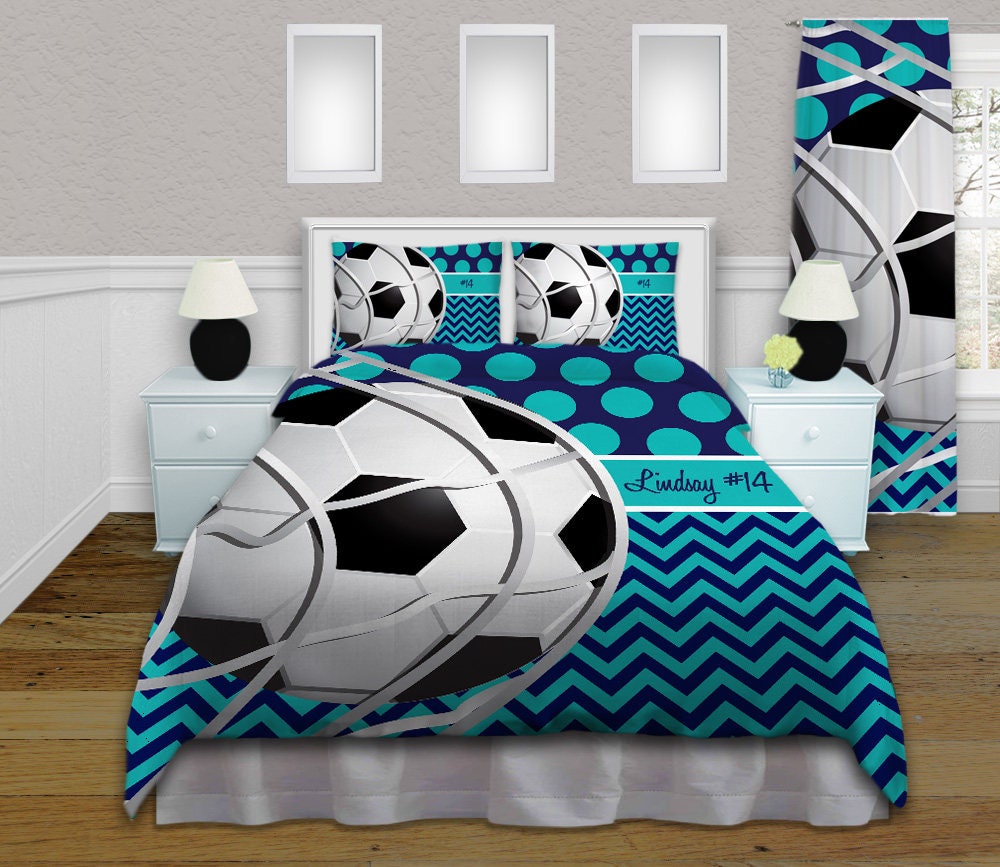 Girls Soccer Bedding Teal & Navy Comforter Soccer Bedding Etsy