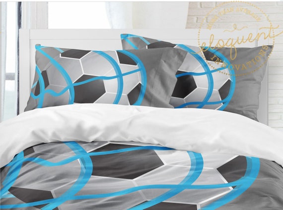 Boys Soccer Bedding Duvet Cover Grey Blue Soccer Bedding Etsy